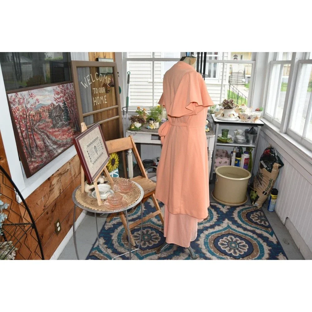70s Spaghetti Strap Gown with Matching Wrap Roaman's Formal Peach - Size XS